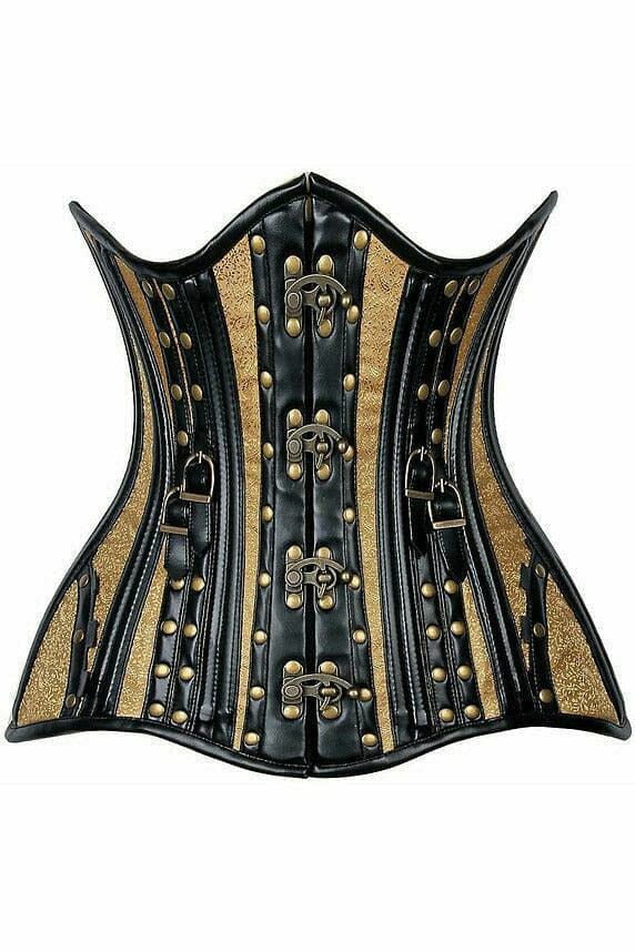 Top Drawer Faux Leather & Gold Brocade Steel Boned Under Bust Corset-Steel Boned Underbust-Daisy Corsets-Black-S-SEXYSHOES.COM