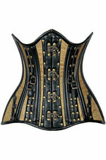 Top Drawer Faux Leather & Gold Brocade Steel Boned Under Bust Corset