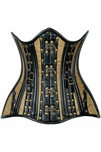 Daisy Corsets Top Drawer Faux Leather & Gold Brocade Steel Boned Under Bust Corset in Black  from SexyShoes.com
