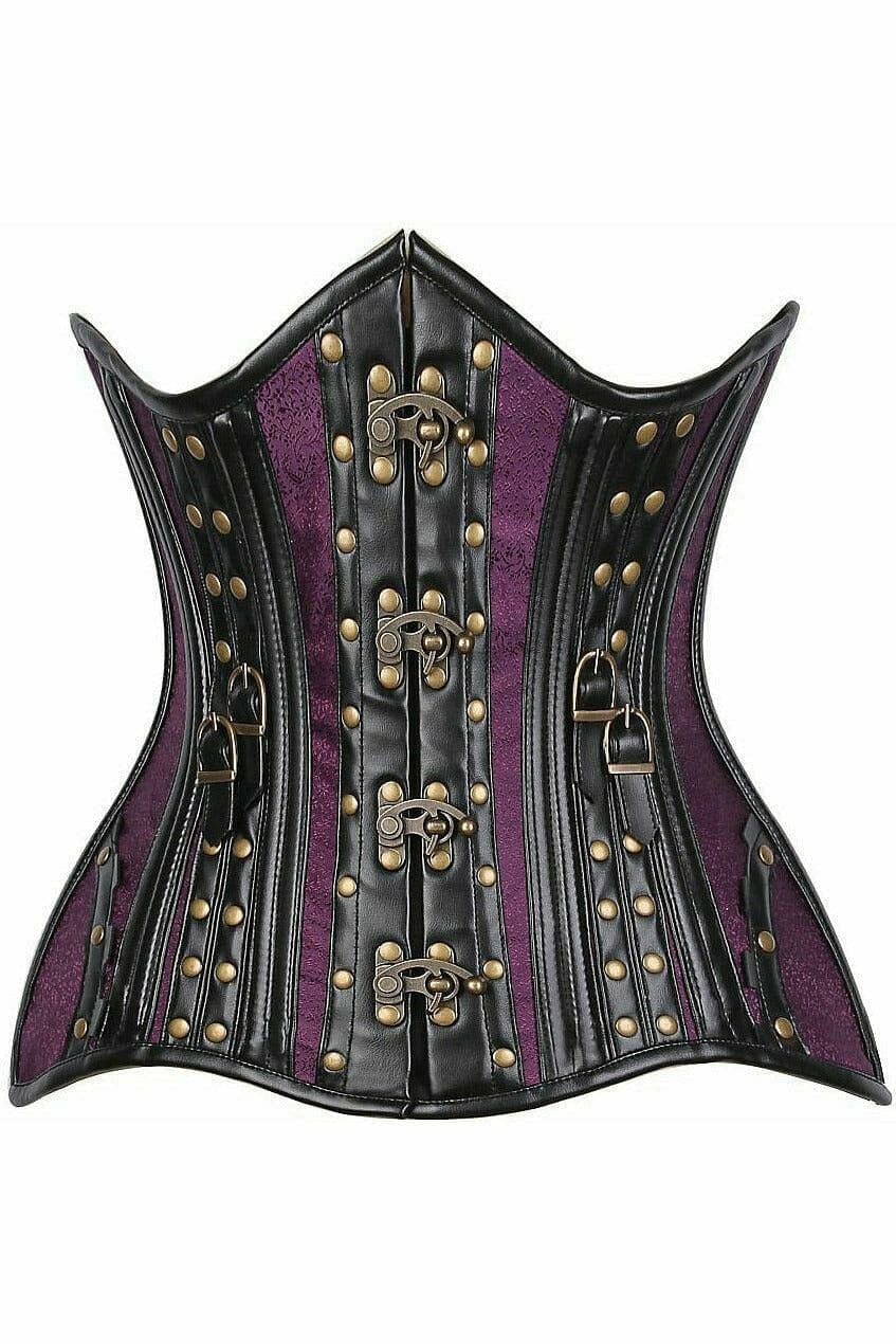 Daisy Corsets Top Drawer Faux Leather & Plum Brocade Steel Boned Under Bust Corset in Black  from SexyShoes.com