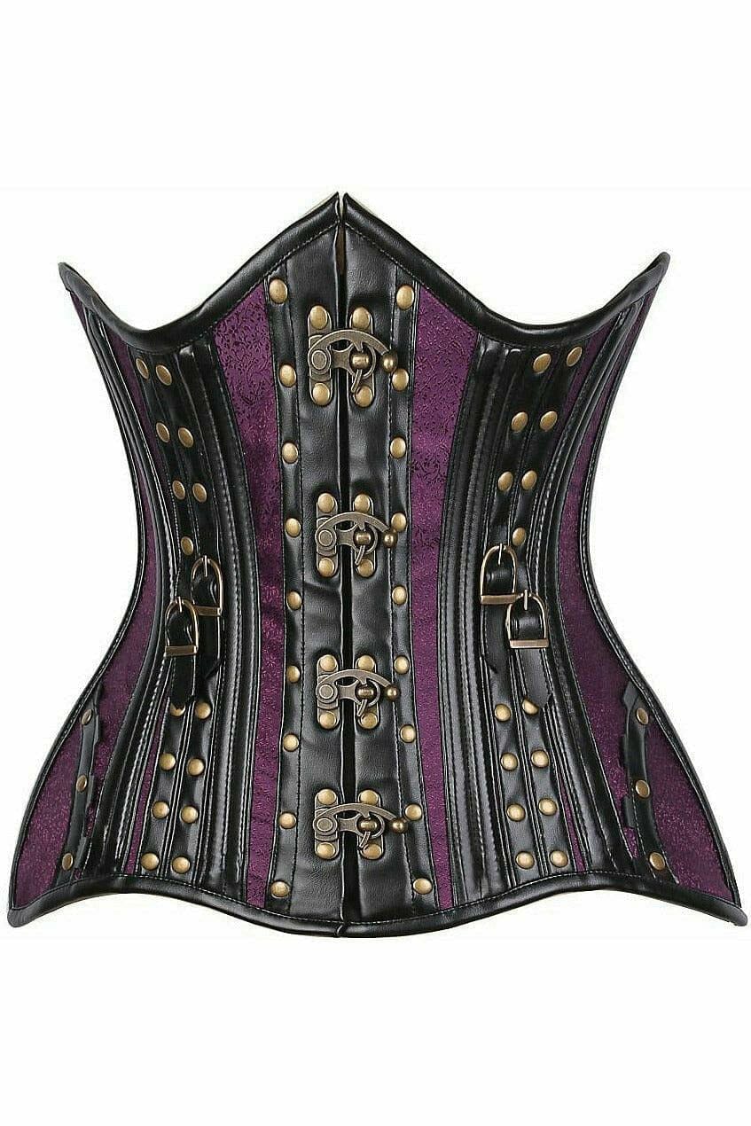 Top Drawer Faux Leather & Plum Brocade Steel Boned Under Bust Corset-Steel Boned Underbust-Daisy Corsets-Black-S-SEXYSHOES.COM