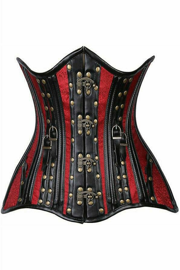 Daisy Corsets Top Drawer Faux Leather & Wine Brocade Steel Boned Under Bust Corset in Red  from SexyShoes.com