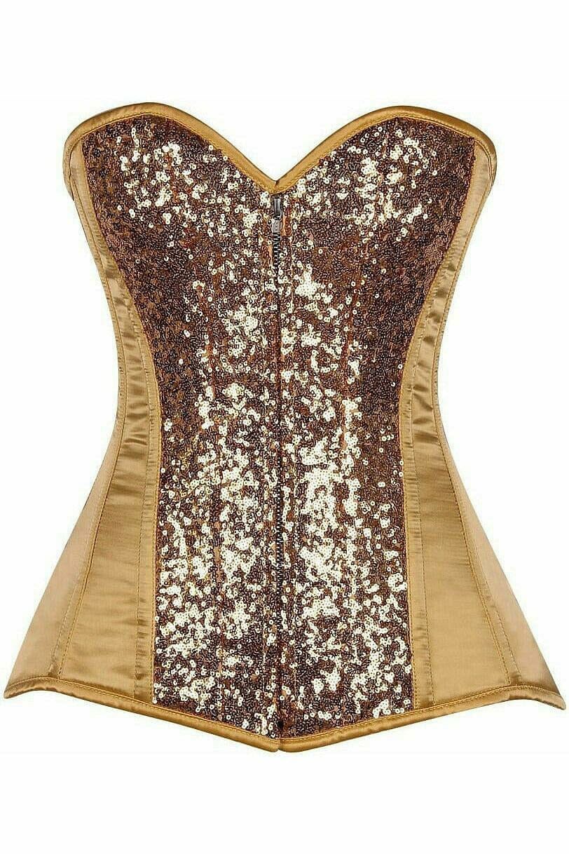 Daisy Corsets Top Drawer Gold Sequin Steel Boned Corset in Gold  from SexyShoes.com