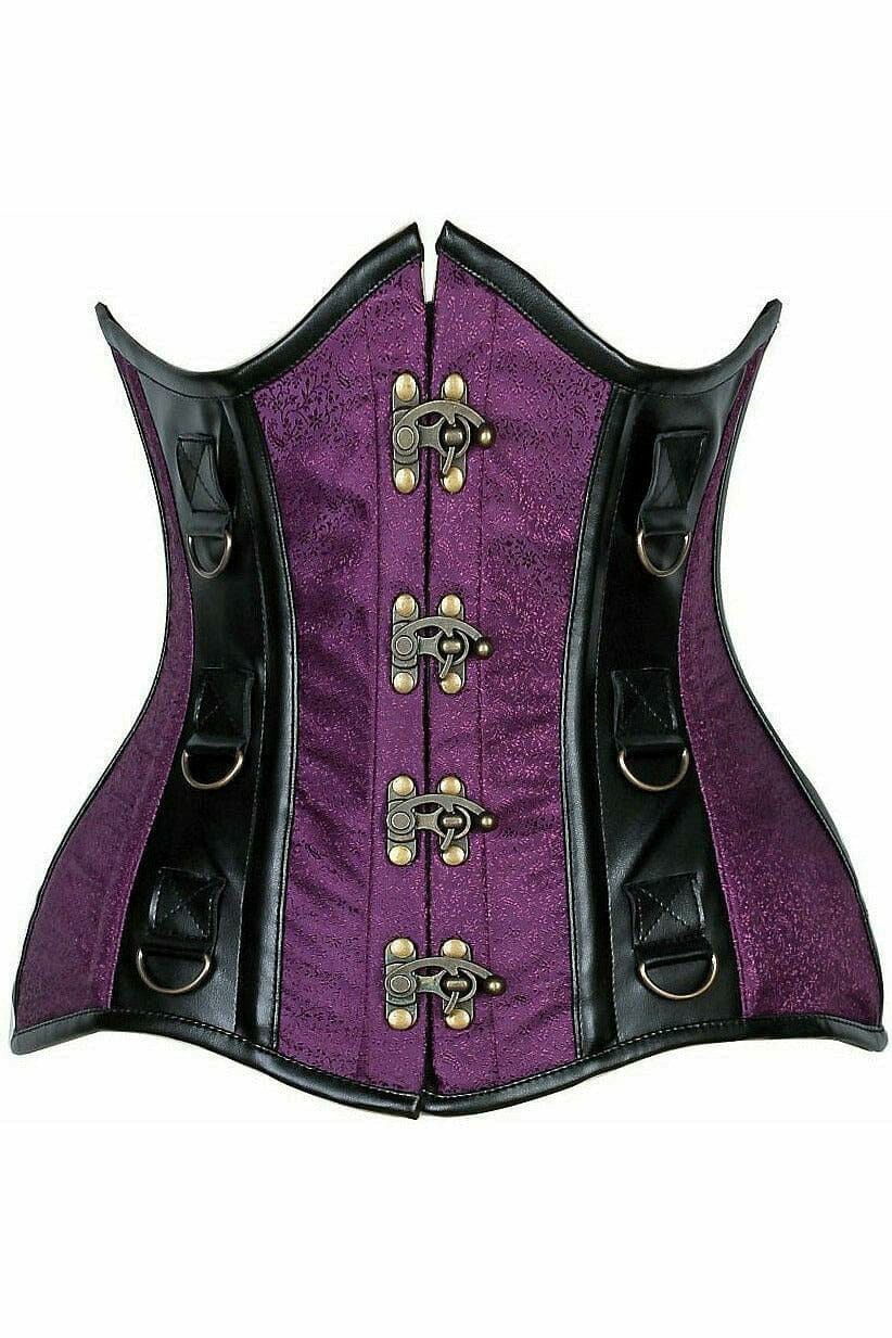 Daisy Corsets Top Drawer Plum Brocade & Faux Leather Steel Boned Under Bust Corset in Purple  from SexyShoes.com