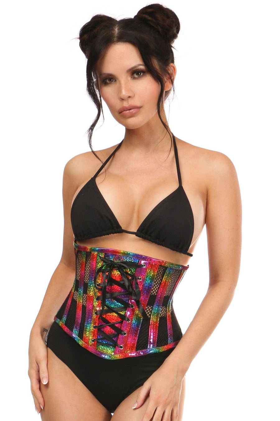 Daisy Corsets Top Drawer Rainbow Glitter PVC Steel Boned Underbust Corset w/Lace Up Front in Rainbow  from SexyShoes.com