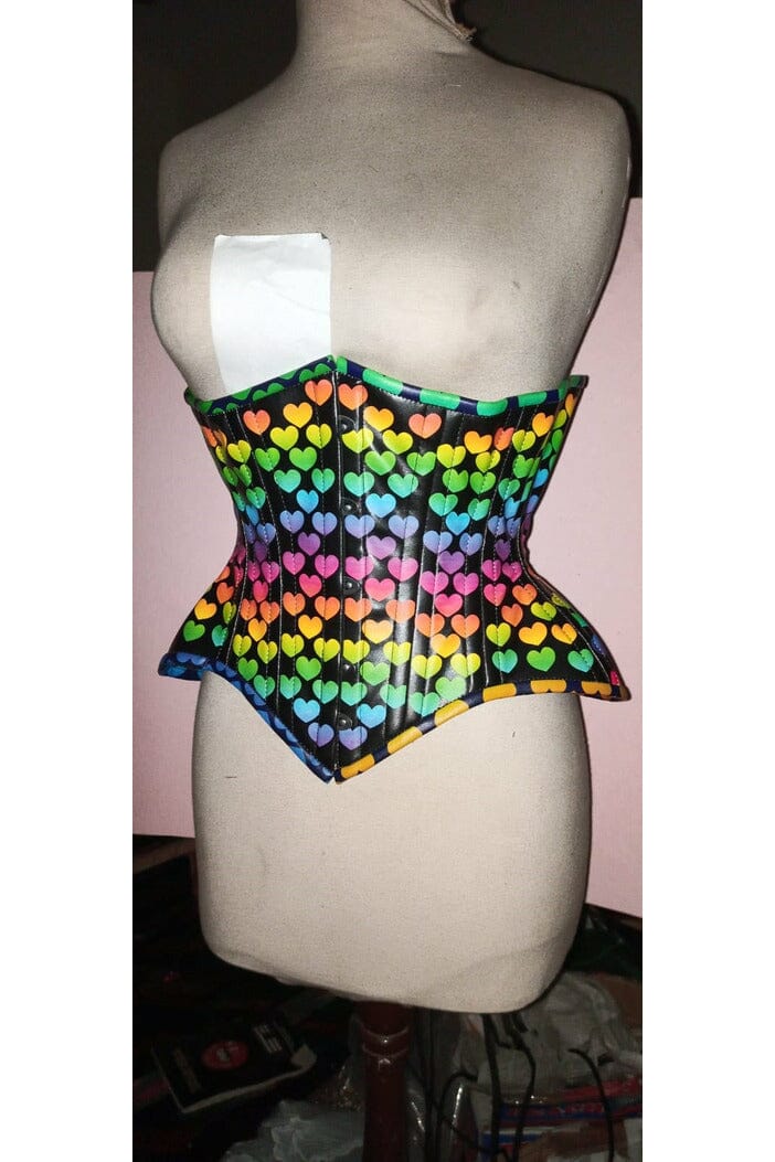 Daisy Corsets Top Drawer Rainbow Hearts Double Steel Boned Curvy Cut Underbust Cincher Corset in Rainbow  from SexyShoes.com