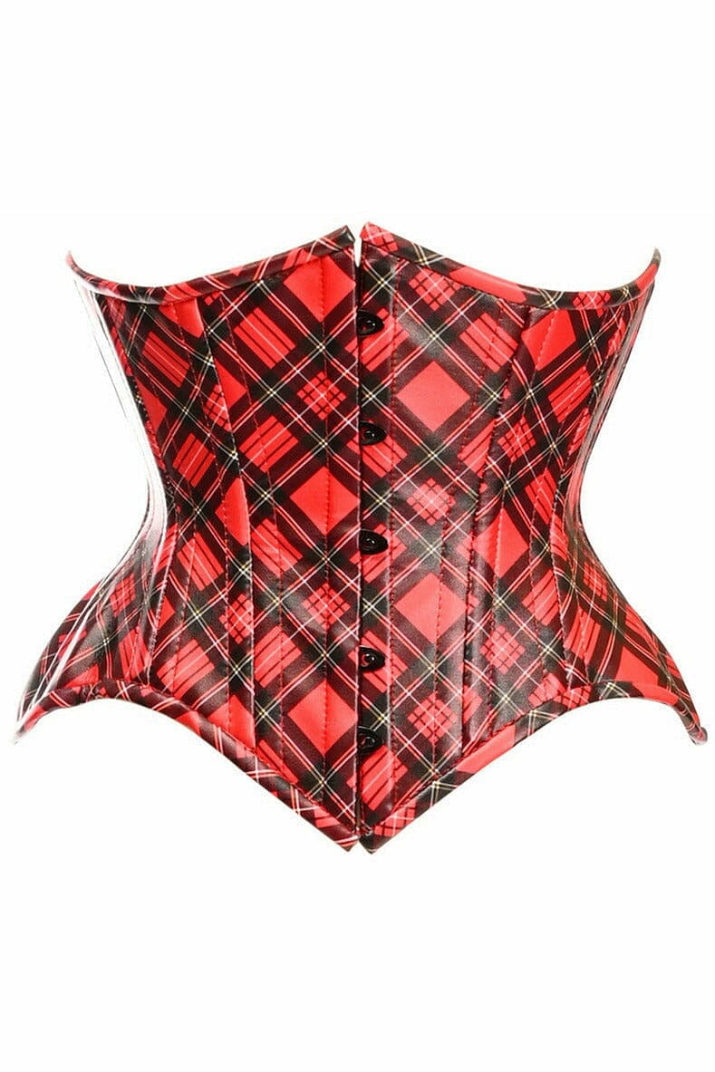 Daisy Corsets Top Drawer Red Plaid Faux Leather Double Steel Boned Curvy Cut Waist Cincher Corset in Red  from SexyShoes.com