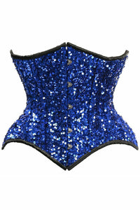 Daisy Corsets Top Drawer Steel Boned Blue Sequin Curvy Cut Waist Cincher Corset in Blue  from SexyShoes.com