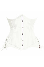 Top Drawer White Satin Double Steel Boned Curvy Cut Waist Cincher Corset w/Lace-Up Sides