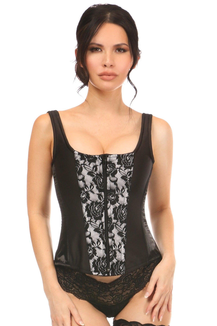 Daisy Corsets Top Drawer White Satin w/Black Lace Overlay Steel Boned Corset w/Straps in White  from SexyShoes.com