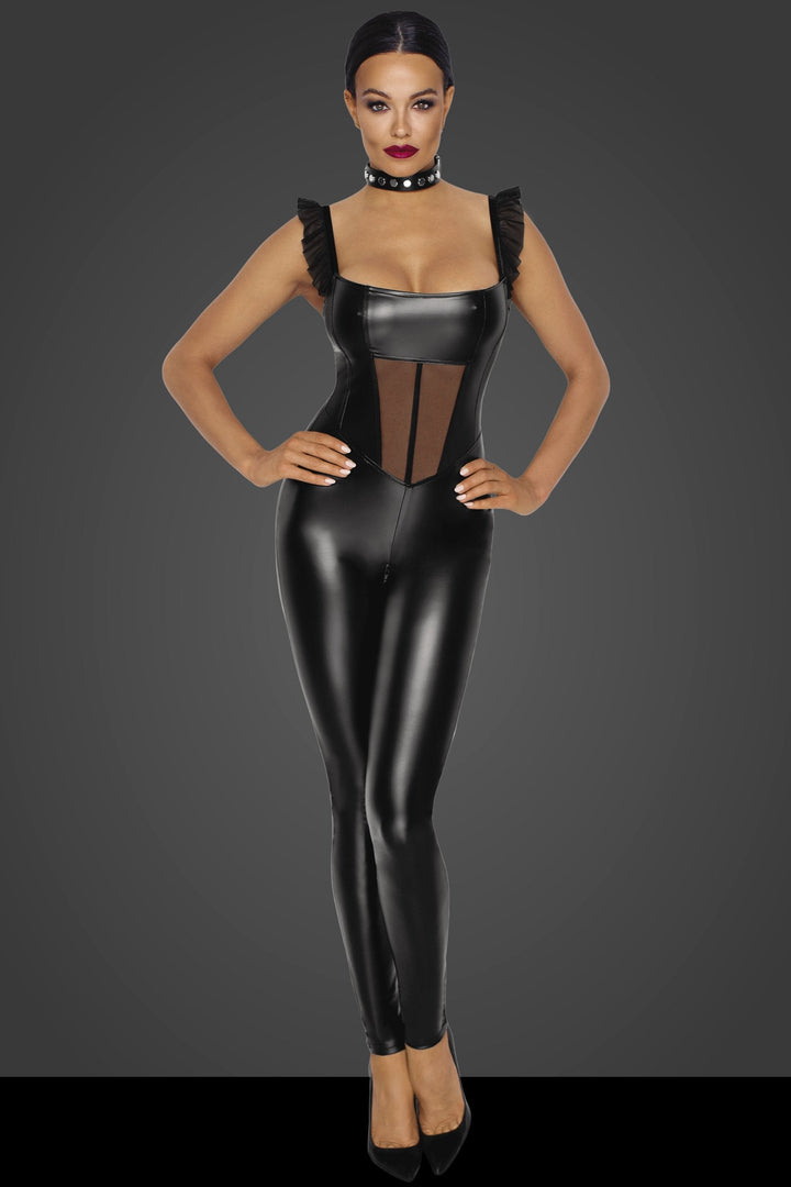 Tulle Panel Powerwetlook Overalls-Fetish Catsuits-Noir Handmade-SEXYSHOES.COM