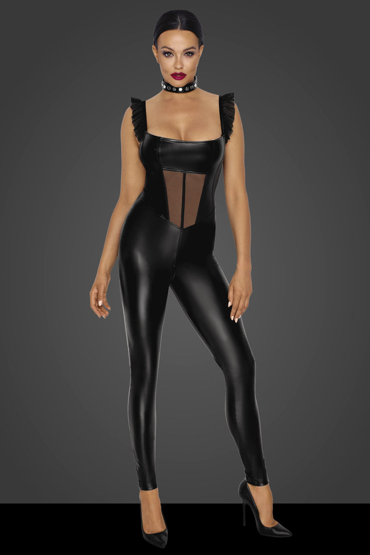 Tulle Panel Powerwetlook Overalls-Fetish Catsuits-Noir Handmade-SEXYSHOES.COM