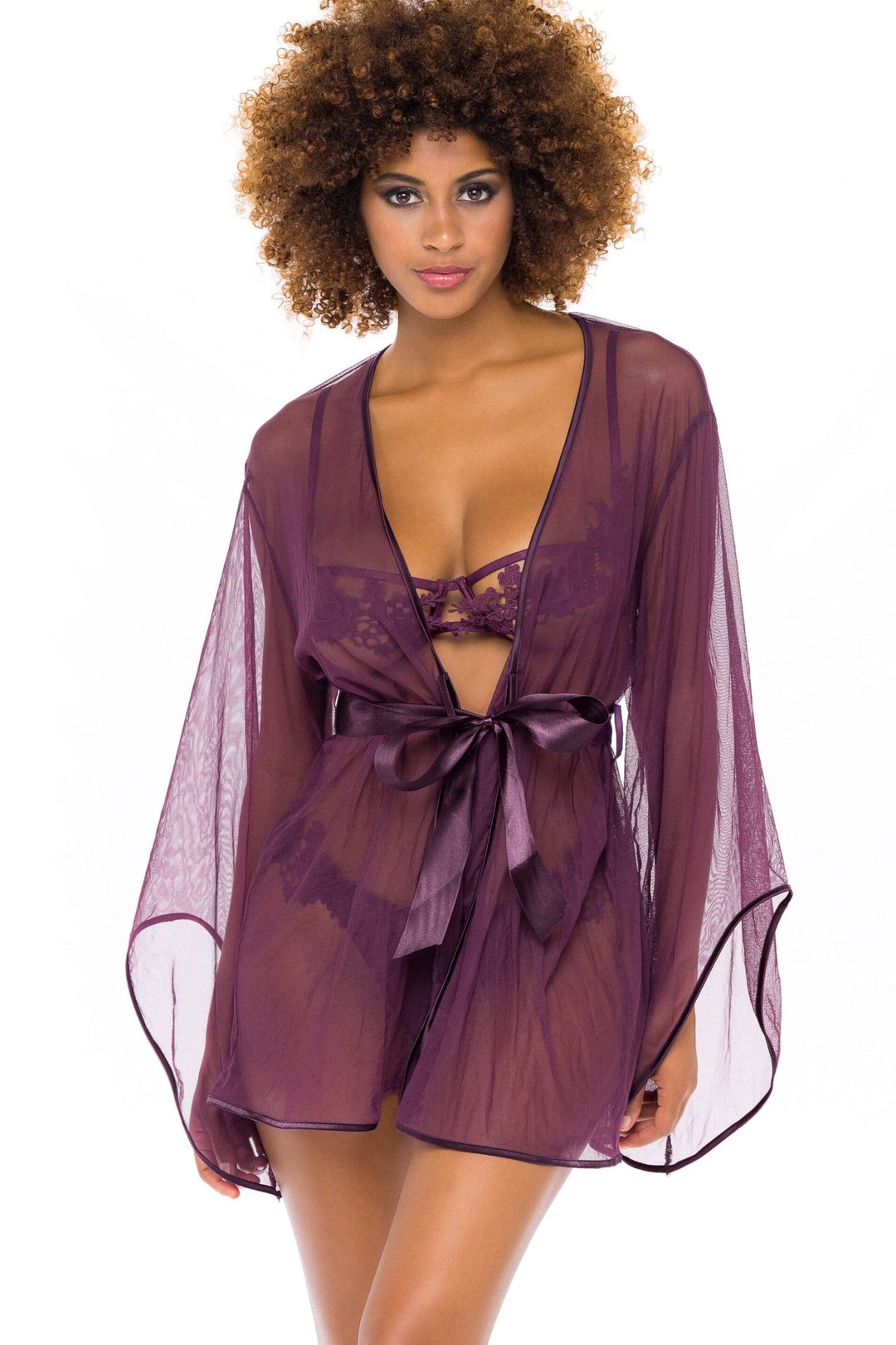 Tulle Short Robe With Wide Sleeves, Back Embroidered Applique And Functional Attached Satin Sash-Gowns + Robes-Oh La La Cheri-Purple-L/XL-SEXYSHOES.COM