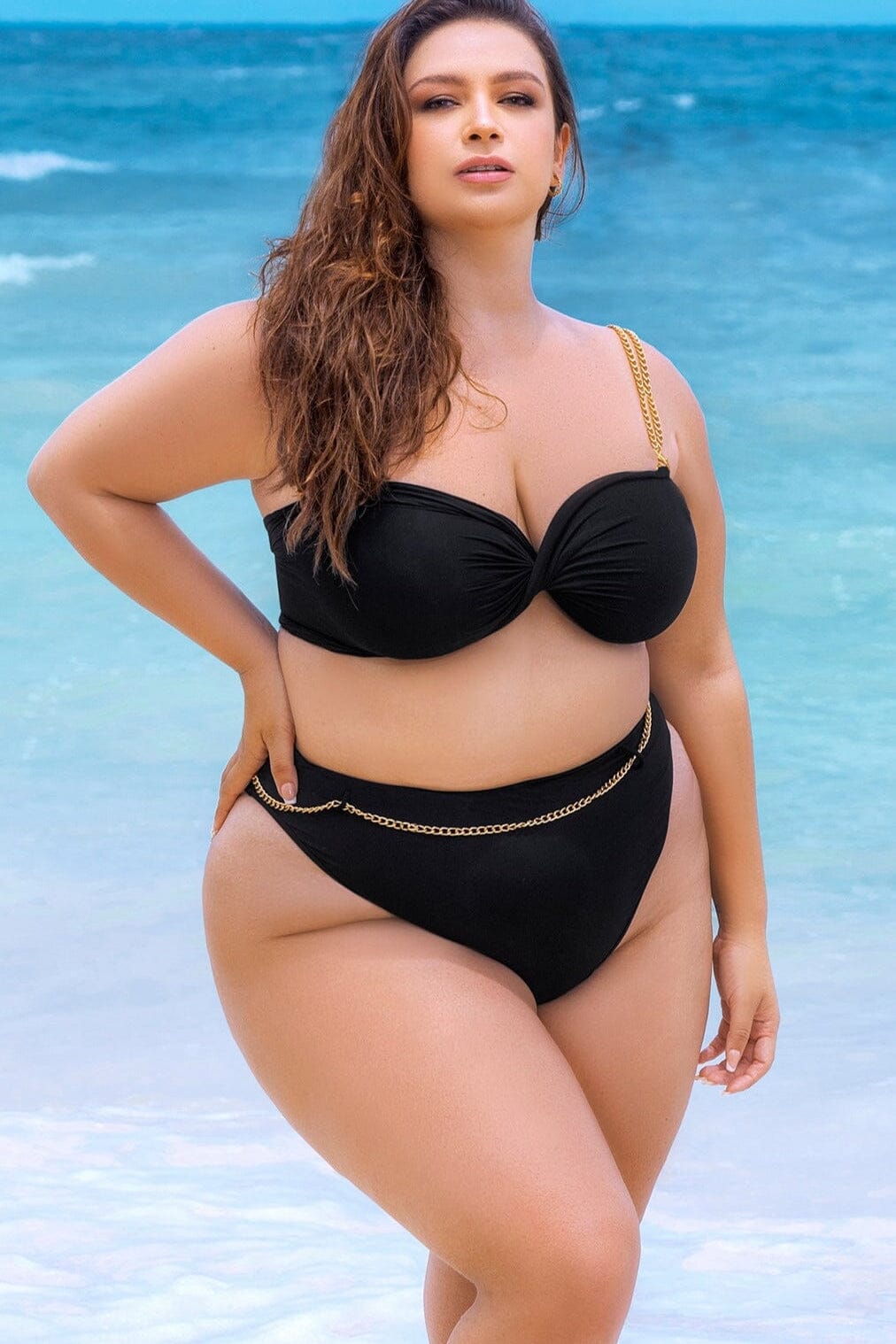 Two Piece Swimsuit With Chain Straps-Two Piece Swim-Mapale-Black-1/2X-SEXYSHOES.COM