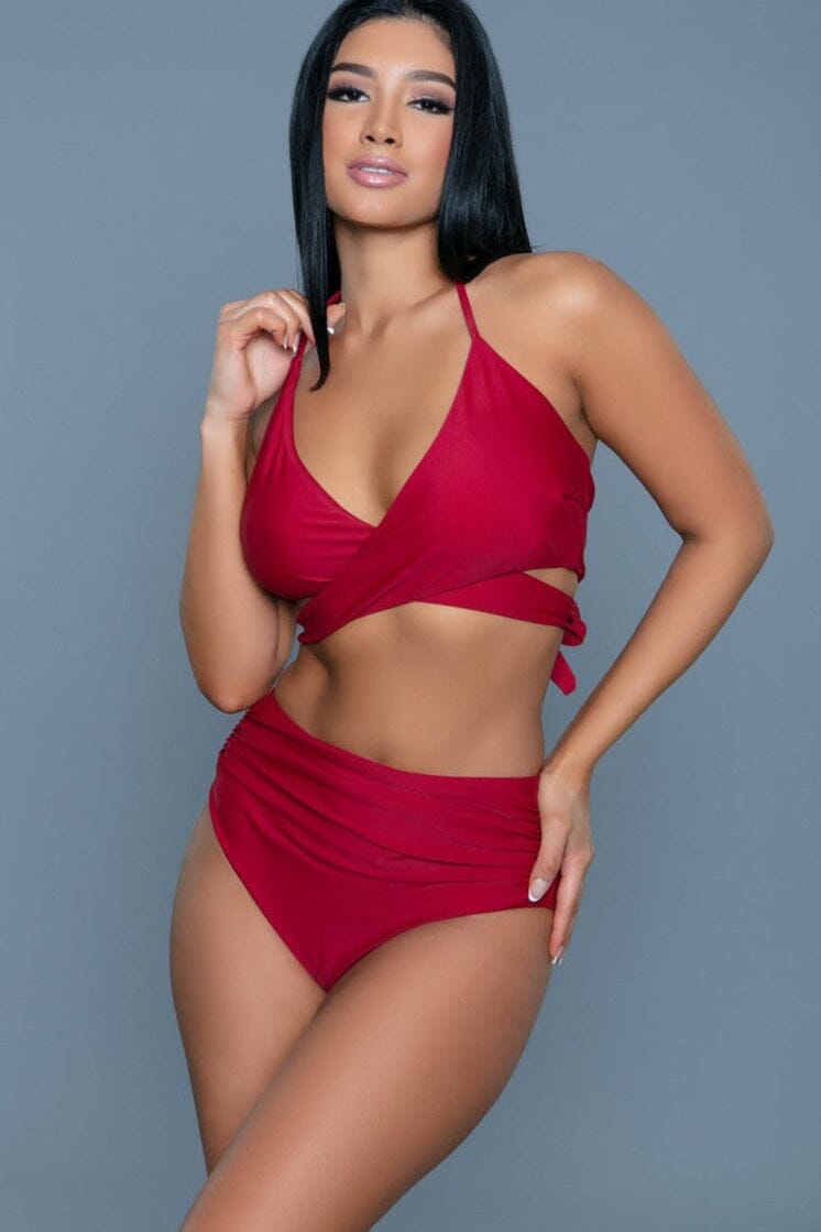 BeWicked Two Piece Swimsuit With Criss Cross Design in Burgundy 