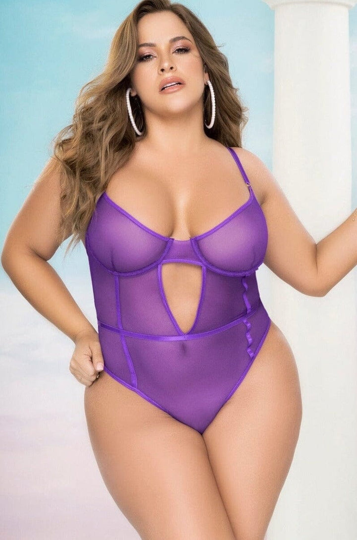 Underwire Keyhole Mesh Teddy | Plus Size-Teddies-Mapale-Purple-1/2XL-SEXYSHOES.COM