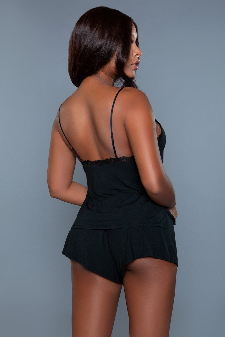 BeWicked V Neck Lace Trim Cami Set in Black 