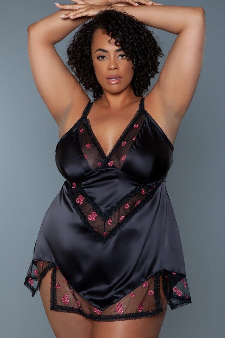 V-neck Babydoll With Rose Embroidery Design | Plus Size-Babydolls-BeWicked-Black-1X-SEXYSHOES.COM