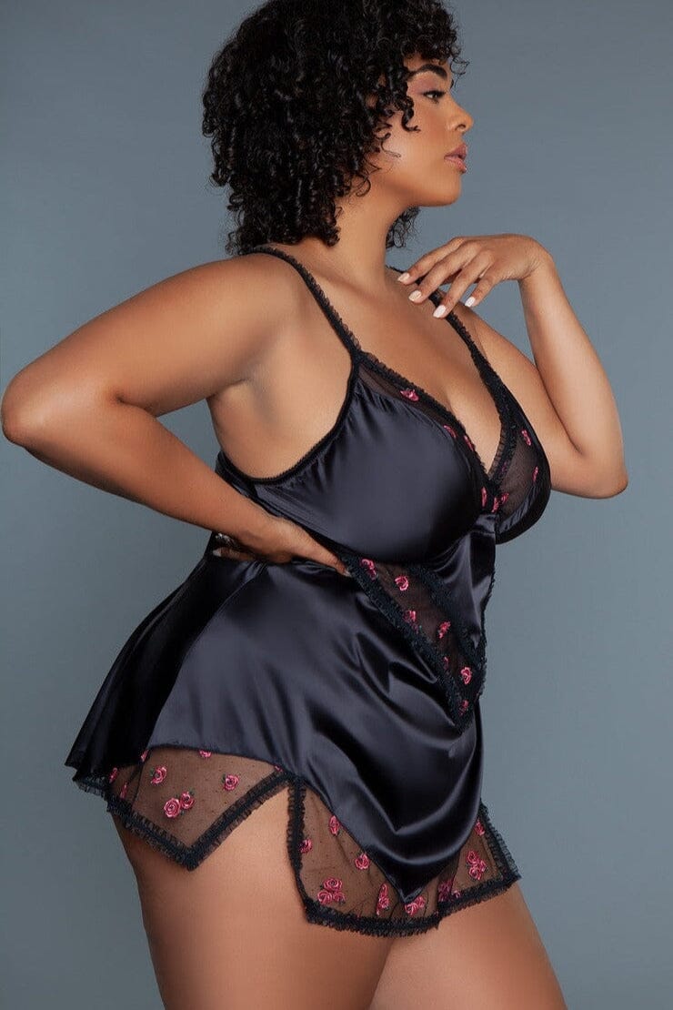 BeWicked V neck Babydoll With Rose Embroidery Design in Black 