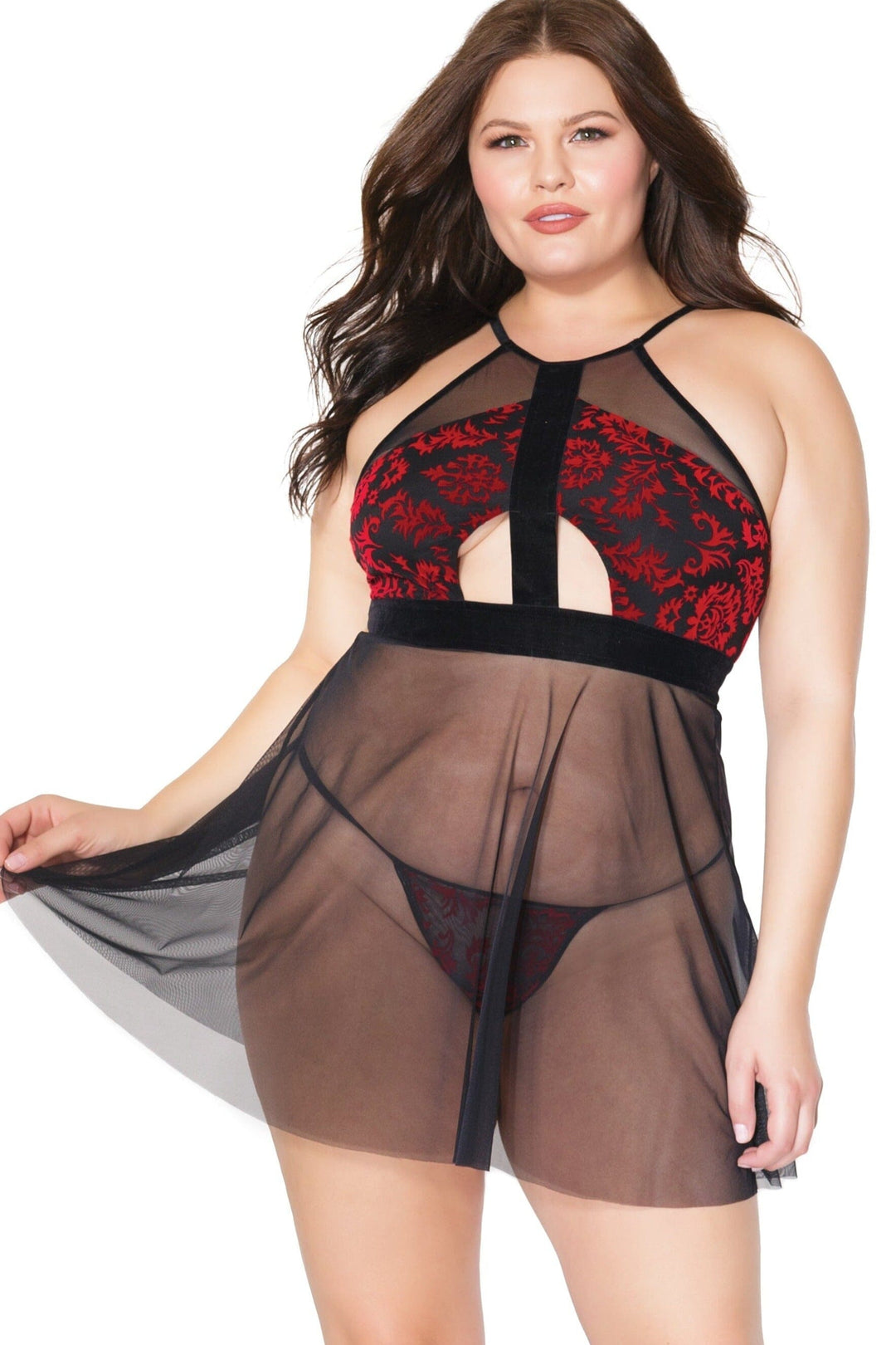 Velvet Halter Babydoll With Cut-Outs | Plus Size-Babydolls-Coquette-Red-Q-SEXYSHOES.COM