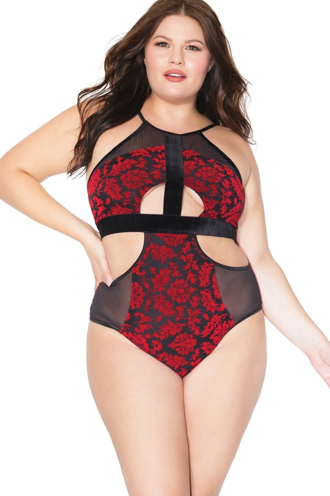 Velvet Halter Teddy With Cut-Outs | Plus Size-Teddies-Coquette-Red-Q-SEXYSHOES.COM