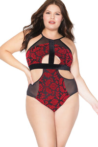 Coquette Velvet Halter Teddy With Cut Outs in Red  from SexyShoes.com