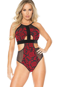 Coquette Velvet Halter Teddy With Cut Outs in Red  from SexyShoes.com