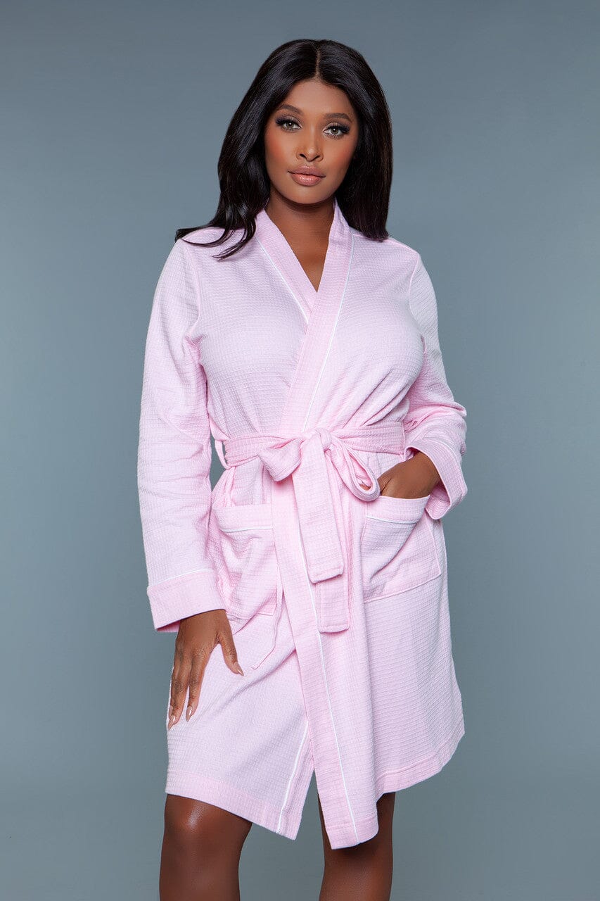 Waffle Full Length Bathrobe-Gowns + Robes-BeWicked-Pink-S/M-SEXYSHOES.COM