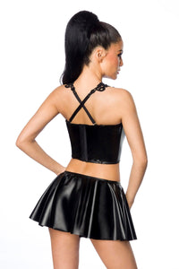 Saresia Wetlook Crop Top W/Flared Skirt Set in Black 