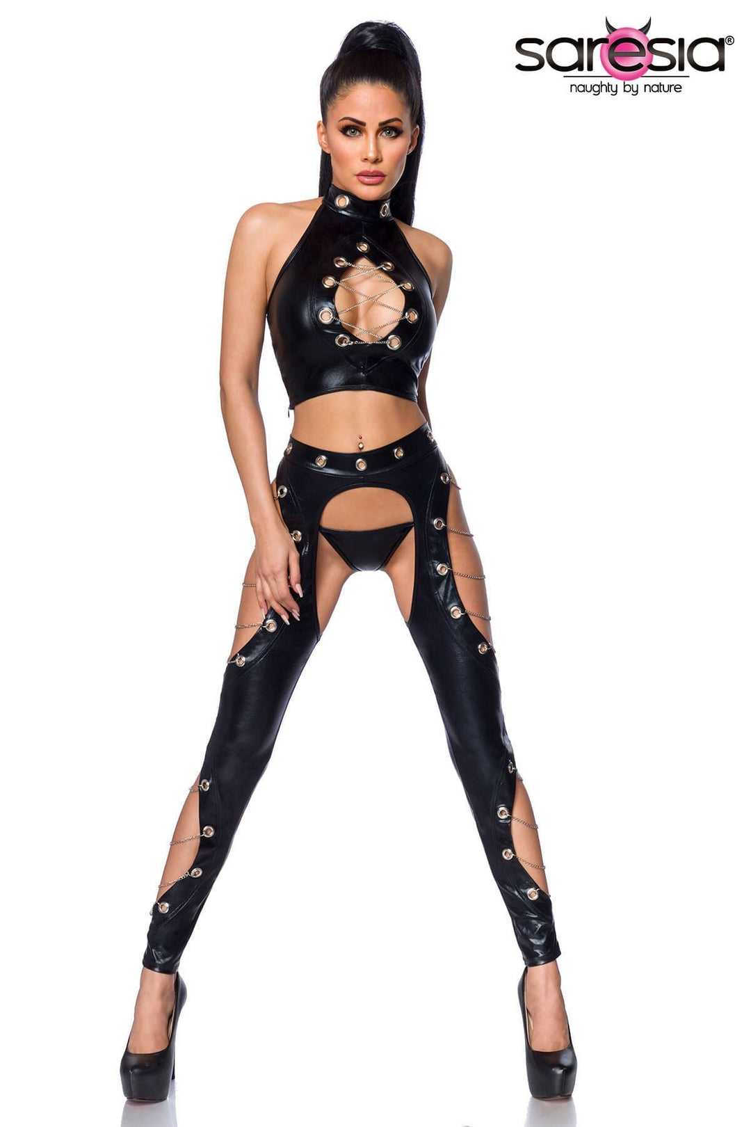 Wetlook Keyhole Top & Chaps Set-Fetish Sets-Saresia-Black-XL-SEXYSHOES.COM