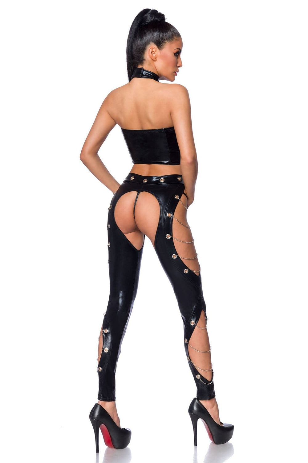 Saresia Wetlook Keyhole Top & Chaps Set in Black 