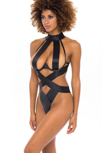 Oh La La Cheri Wide Elastic Teddy With Vegan Leather Paneling in Black  from SexyShoes.com