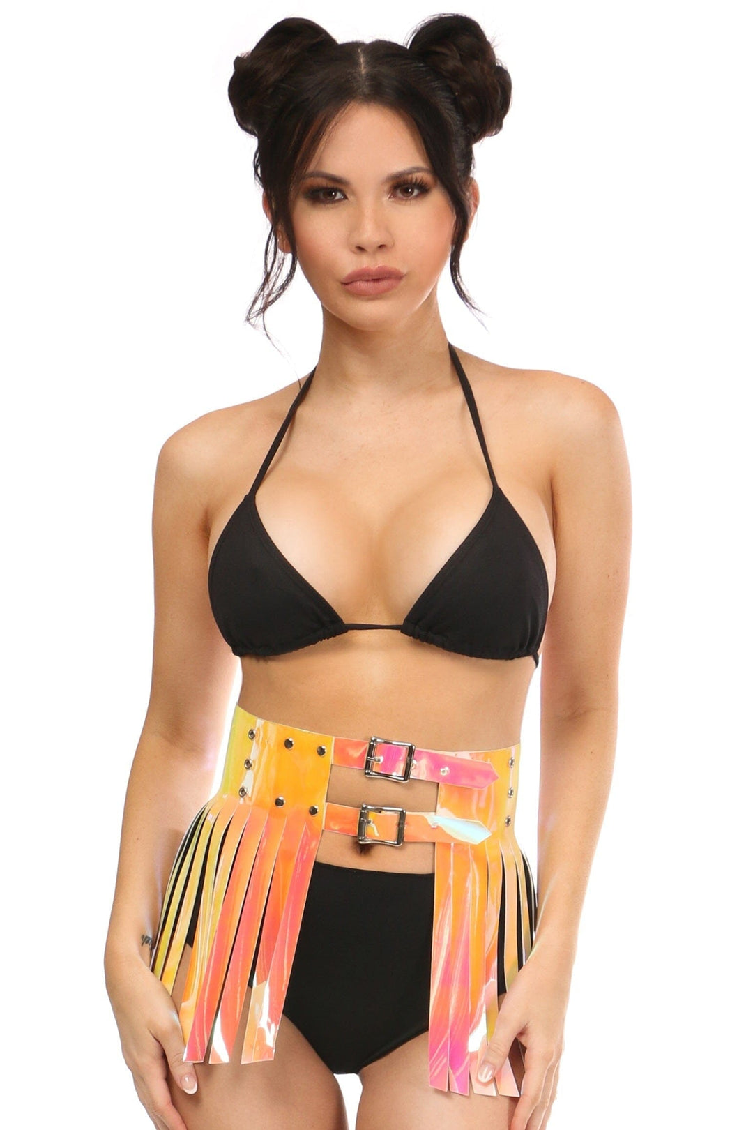 Yellow/Pink Holo Fringe Skirt-Body Harness-Daisy Corsets-Yellow-2X-SEXYSHOES.COM