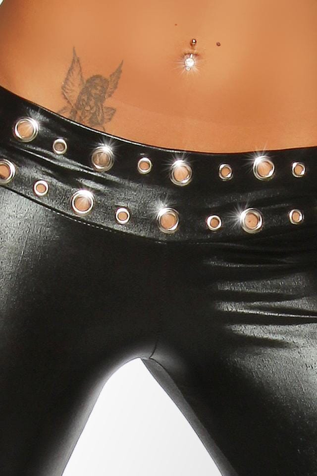Saresia Zippered and Studded Detail Wet Look Leggings in Black 