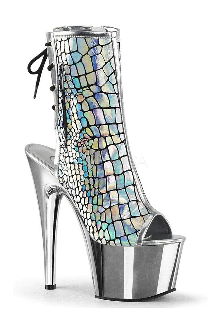 ADORE-1018HG Platform Boot | Silver Faux Leather-Pleaser-Silver-Ankle Boots-SEXYSHOES.COM