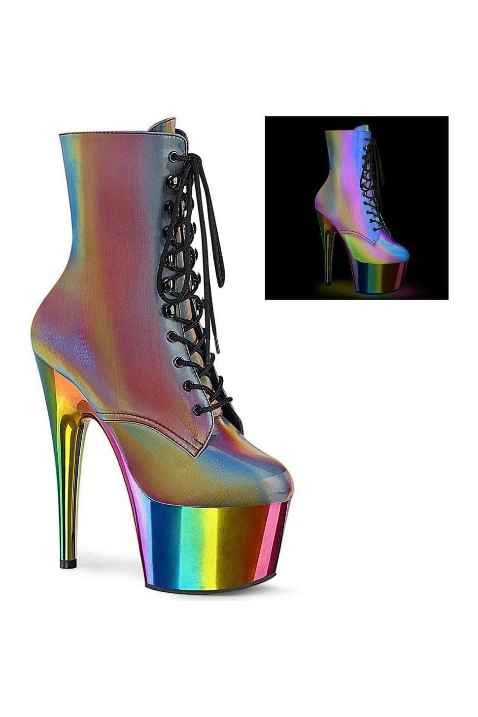 Pleaser ADORE-1020RC-REFL Ankle Boot in Rainbow Faux Leather from SexyShoes.com