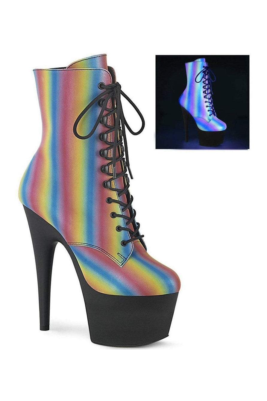 ADORE-1020REFL-02 Ankle Boot | Rainbow Faux Leather-Ankle Boots-Pleaser-Rainbow-6-Faux Leather-SEXYSHOES.COM