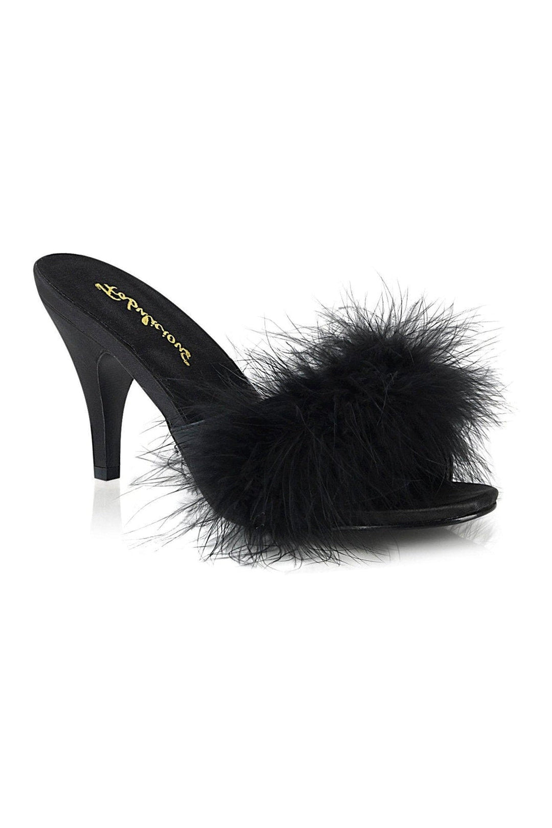 Fabulicious AMOUR-03 Slide in Black Genuine Satin from SexyShoes.com