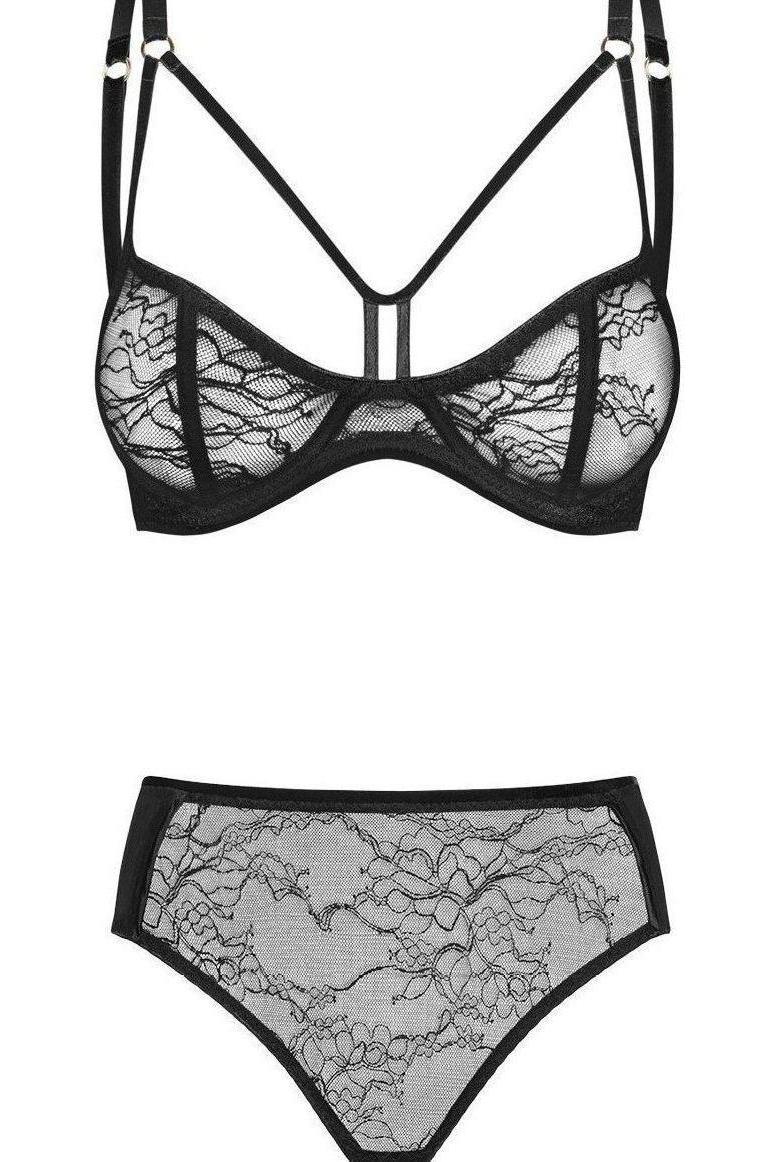 Noir Handmade Balconette Bra and Panty Set in Black 
