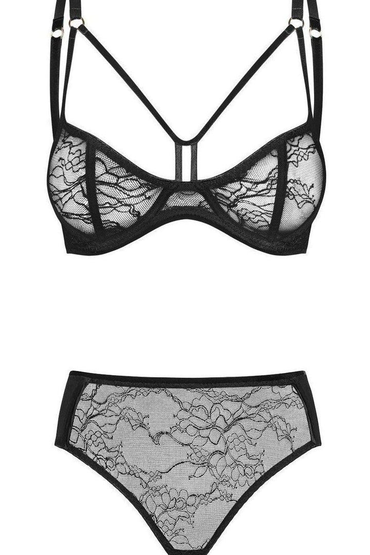 Noir Handmade Balconette Bra and Panty Set in Black 