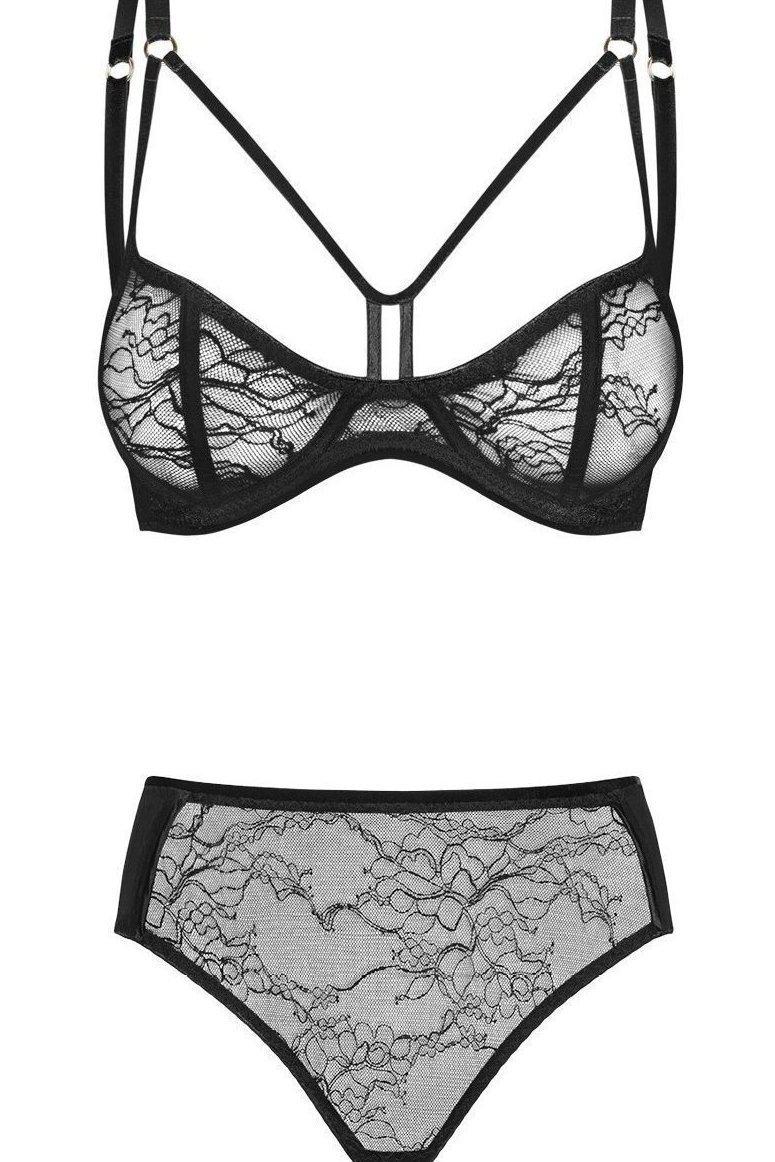 Noir Handmade Balconette Bra and Panty Set in Black 