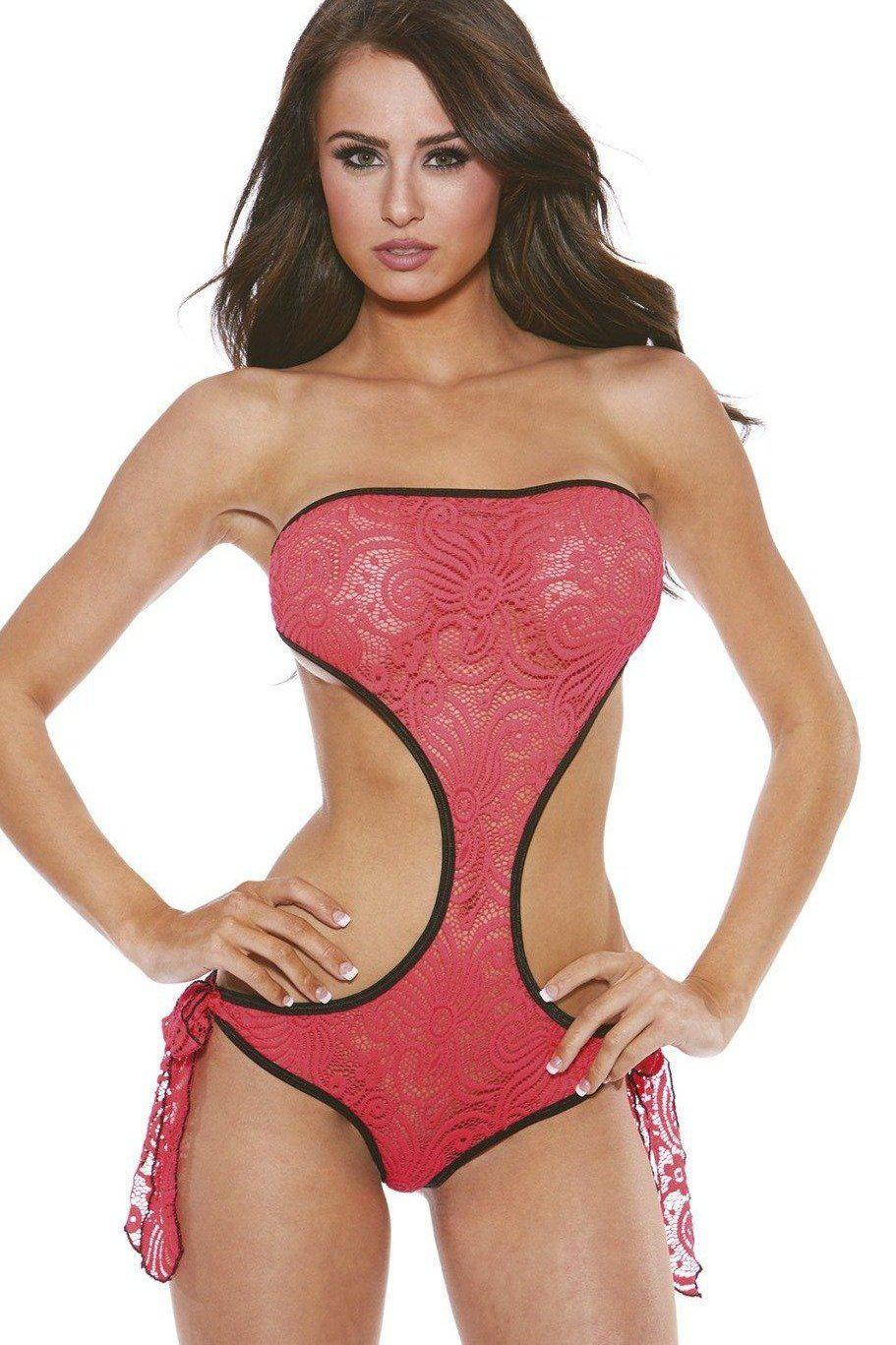 Bodyshotz Bandeau Lace Bodysuit in Pink  from SexyShoes.com