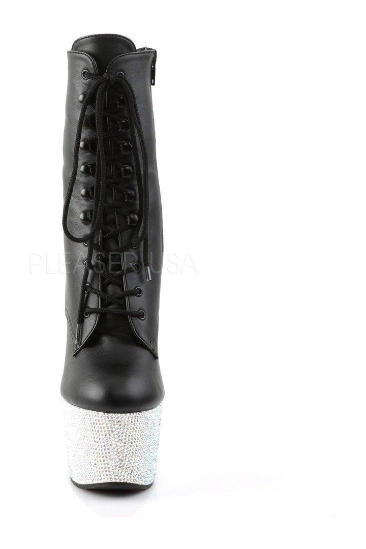 BEJEWELED-1020-7 Platform Boot | Black Faux Leather-Pleaser-Ankle Boots-SEXYSHOES.COM
