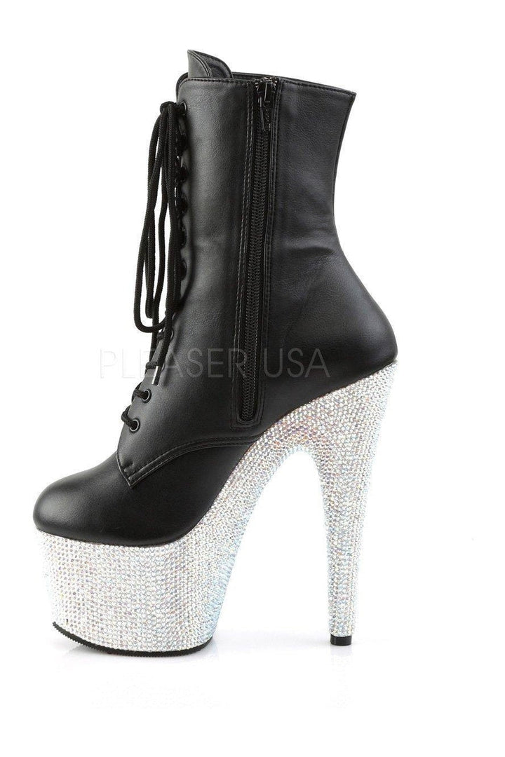 BEJEWELED-1020-7 Platform Boot | Black Faux Leather-Pleaser-Ankle Boots-SEXYSHOES.COM