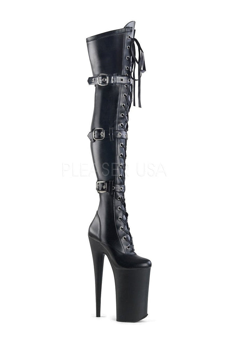 BEYOND-3028 Platform Boot | Black Faux Leather-Thigh Boots- Stripper Shoes at SEXYSHOES.COM
