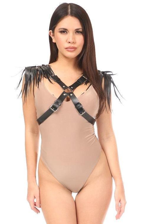 Black Vegan Leather Body Harness w/Shoulder Fringe-Daisy Corsets-SEXYSHOES.COM