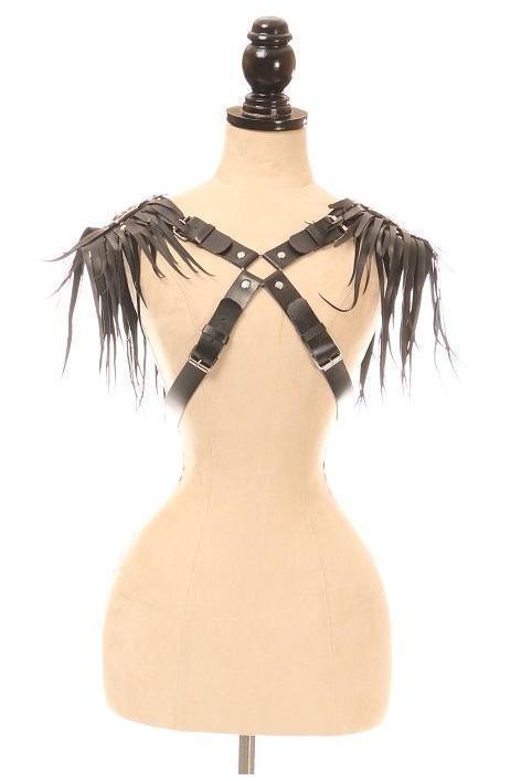 Black Vegan Leather Body Harness w/Shoulder Fringe-Daisy Corsets-SEXYSHOES.COM