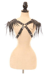 Black Vegan Leather Body Harness w/Shoulder Fringe-Daisy Corsets-SEXYSHOES.COM