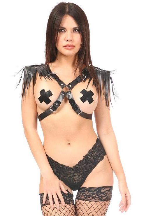 Black Vegan Leather Body Harness w/Shoulder Fringe-Daisy Corsets-SEXYSHOES.COM