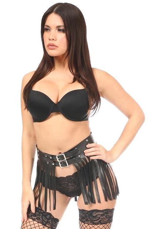 Black Vegan Leather Fringe Mini Skirt-Daisy Corsets-SEXYSHOES.COM